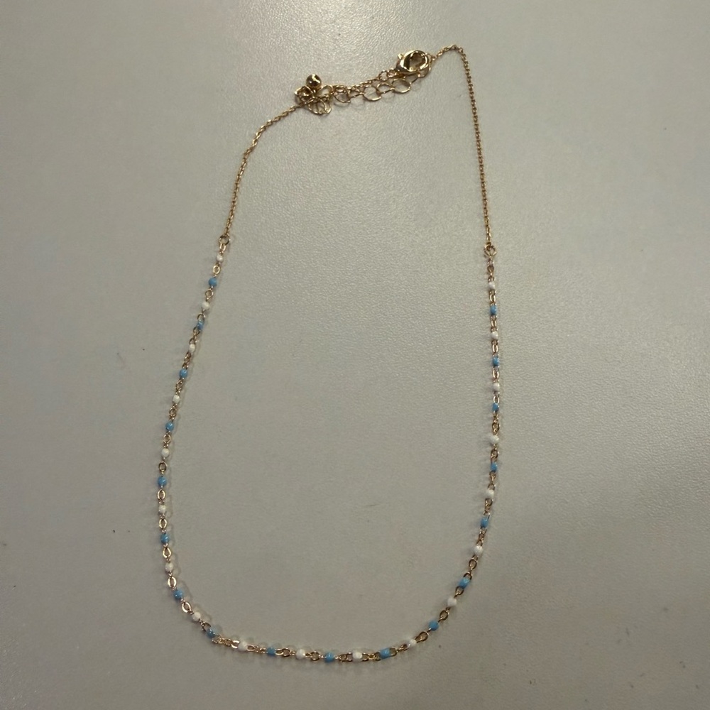 Delicate Gold Chain Necklace with Blue and White Beads